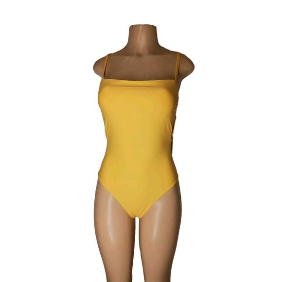 NWT Lulu's Yellow Square Neck Strappy Backless One-Piece Swimsuit Size M Padded - Picture 1 of 8